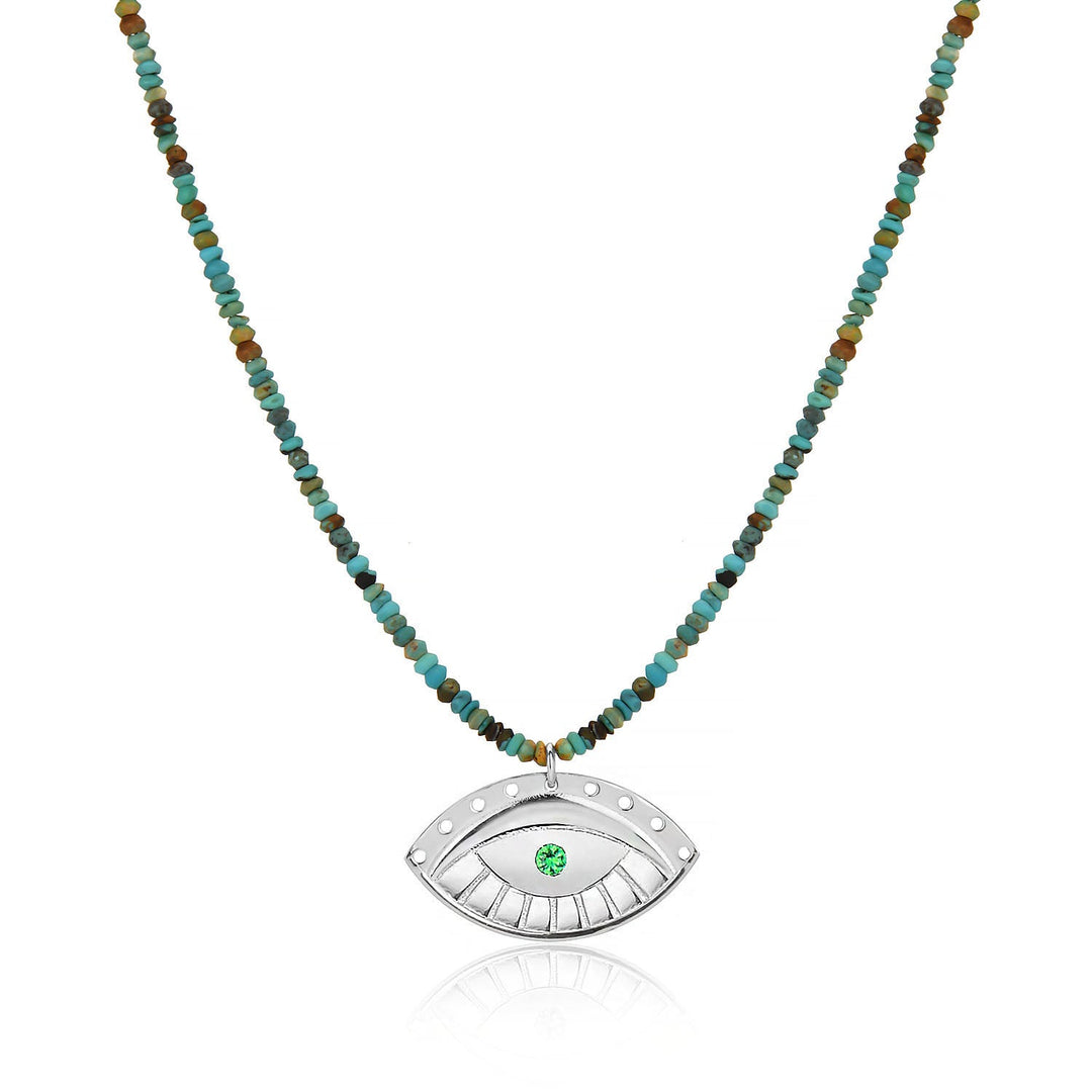 Evil Eye Pendant & Handmade Turquoise Bead Necklace In Sterling Silver - Nili Gem