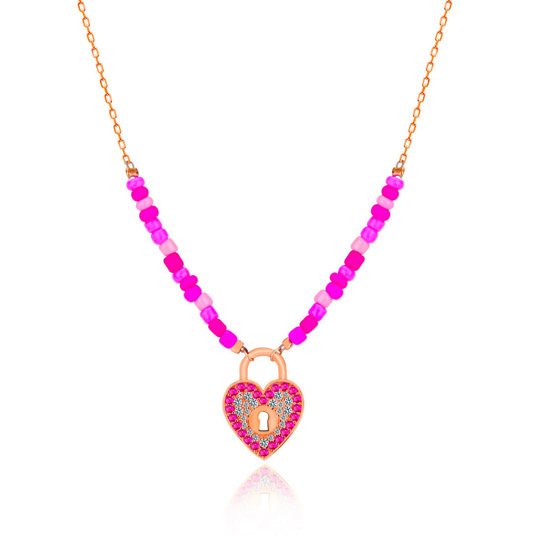 Lovely Heart Lock Necklace In Rose Gold Plating - Nili Gem