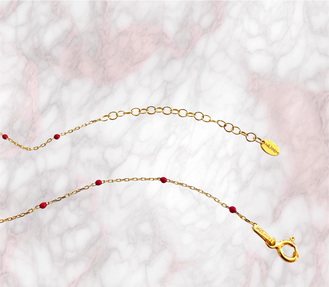 Red Evil Eye  Ball Chain Necklace In Gold Vermeil