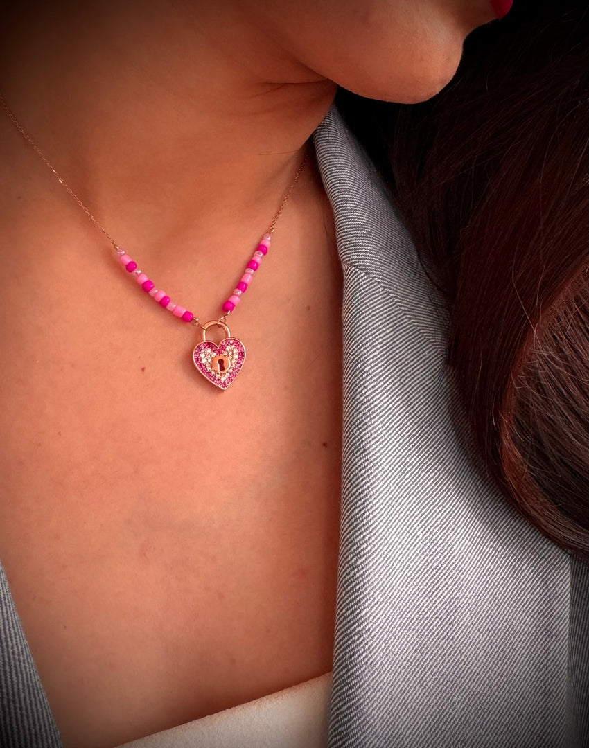 Lovely Heart Lock Necklace In Rose Gold Plating - Nili Gem