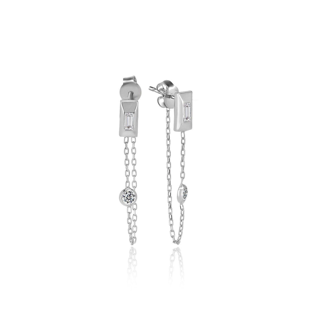 Baguette & Round Dangling Chain Earrings In Sterling Silver - Nili Gem