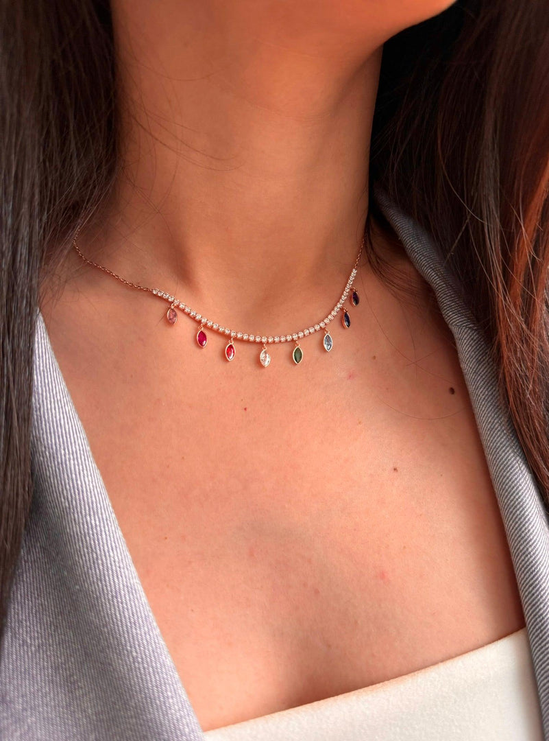 Colorful Dangle Station Necklace In Rose Gold Plating - Nili Gem