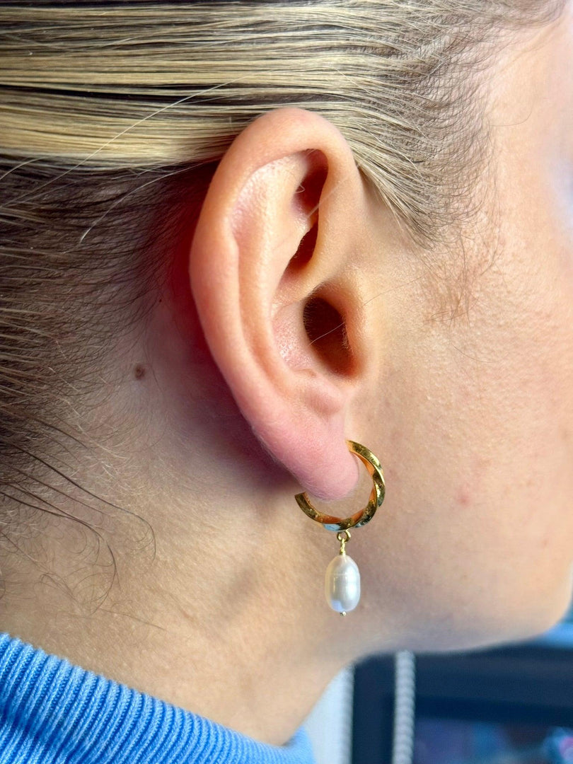 Dangling Fresh Water Pearl Half Hoop Earrings In Gold Vermeil - Nili Gem