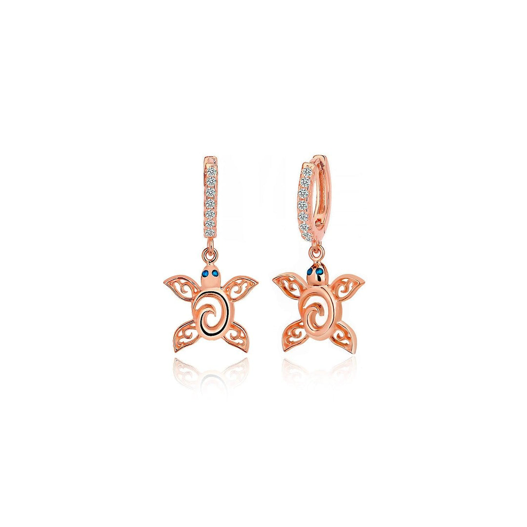 Dangling Turtle Charm Hoop Earrings In Rose Gold plating - Nili Gem