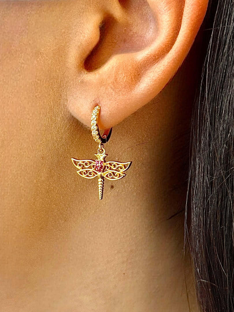 Dragonfly Charm Hoop Earrings In Gold Vermeil Nili Gem
