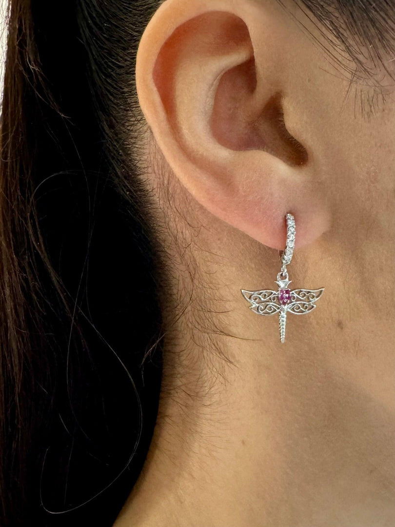 Dragonfly Charm Hoop Earrings In Sterling Silver - Nili Gem