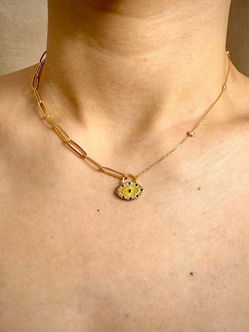 Evil Eye Lock Pendant Station And Paperclip Chain In Gold Vermeil - Nili Gem