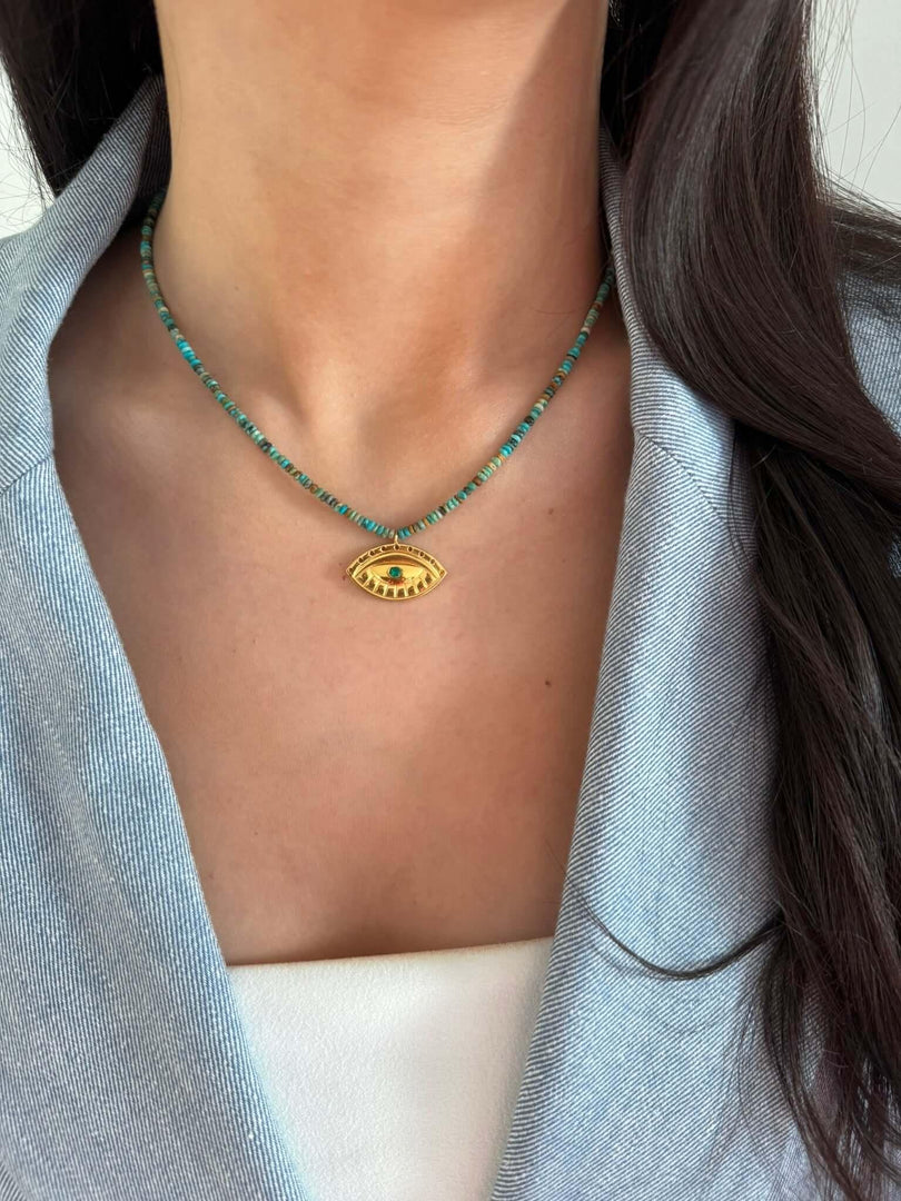 Evil Eye Pendant & Handmade Turquoise Bead Necklace In Gold Vermeil - Nili Gem