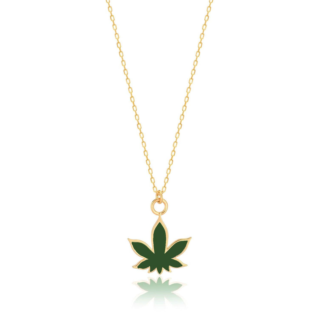 Handmade Enameled Marijuana Leaf Pendant & chain In Gold Vermeil - Nili Gem