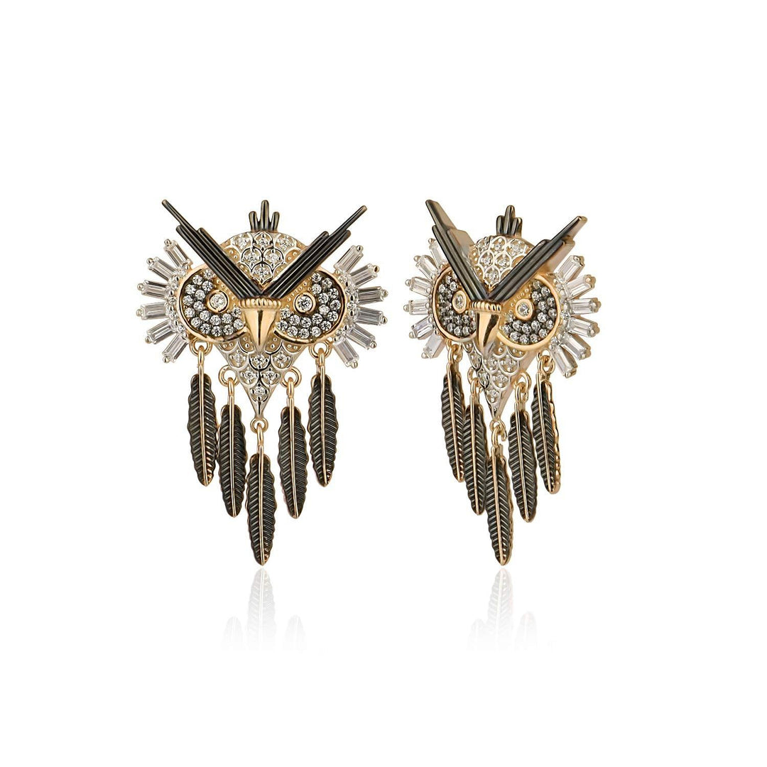 Handmade Enameled Owl Earrings In Gold Vermeil - Nili Gem