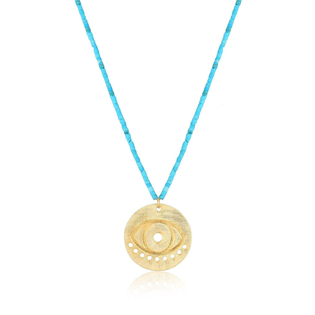 Handmade Evil Eye Pendant And Turquoise Bead Necklace In Gold Vermeil - Nili Gem