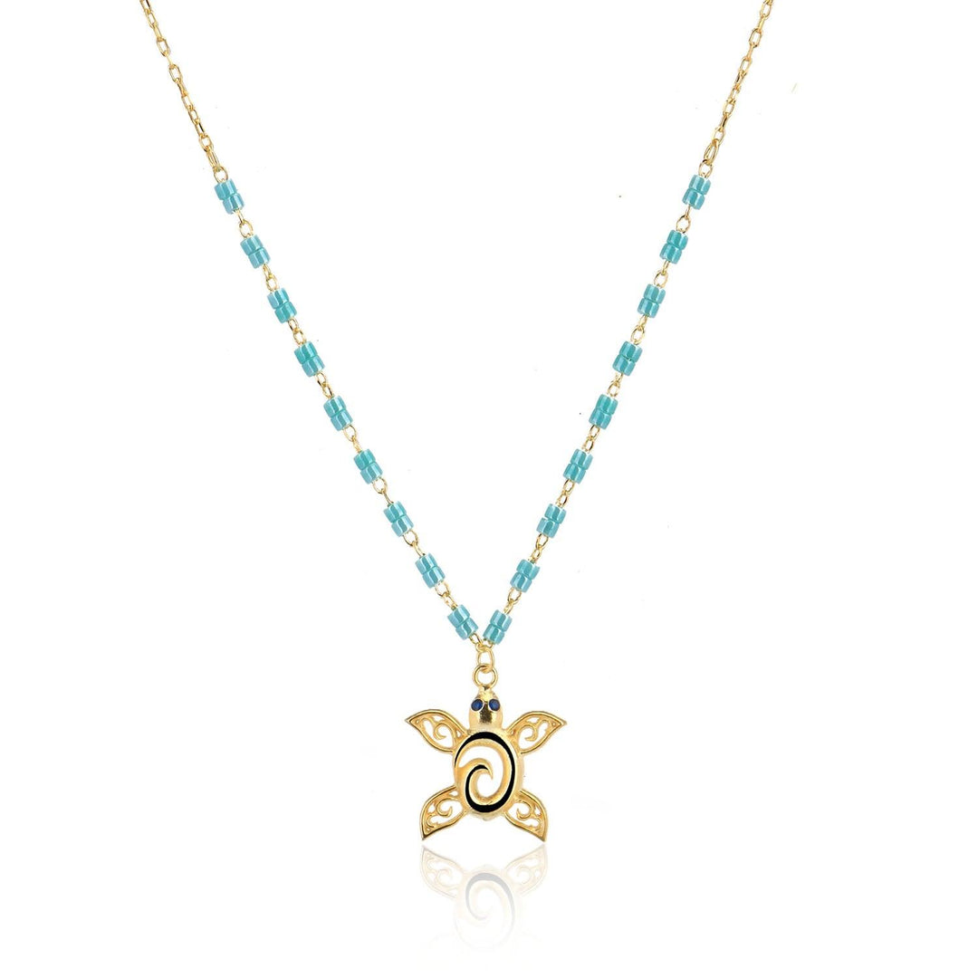 Handmade Niligem Turtle Pendant and Turquoise Bead Chain In Gold Vermeil - Nili Gem