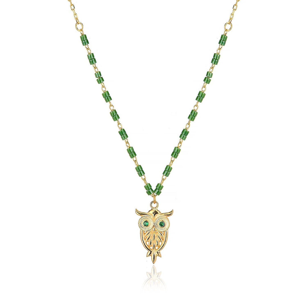 Handmade Owl Pendant & Green Gem Beads Necklace In Gold Vermeil - Nili Gem