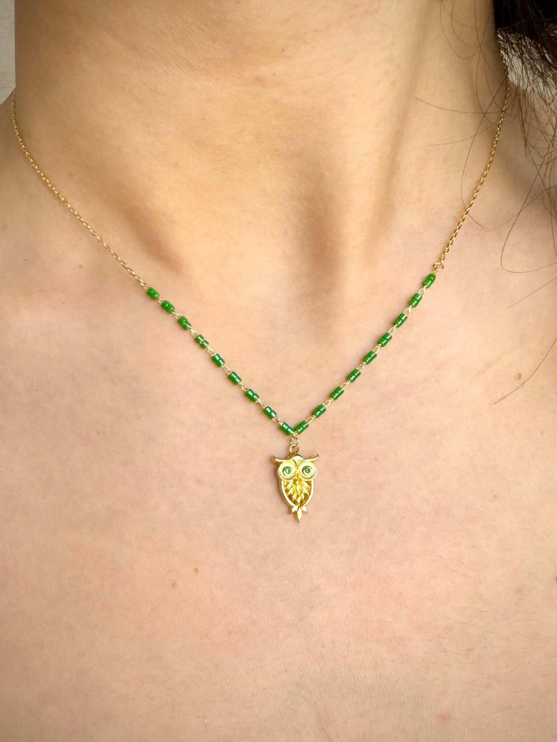 Handmade Owl Pendant & Green Gem Beads Necklace In Gold Vermeil - Nili Gem