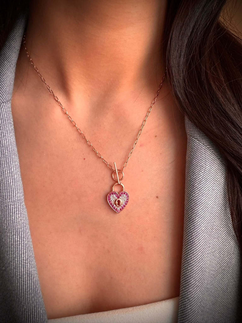 Heart Lock Necklace In Rose Gold Plating - Nili Gem