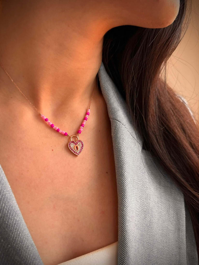 Lovely Heart Lock Necklace In Rose Gold Plating - Nili Gem