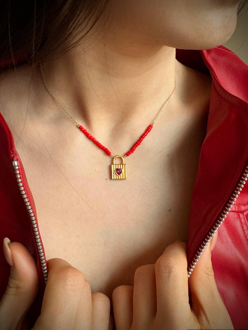 Lovely Lock Pendant & Bead Gem Necklace In Gold Vermeil - Nili Gem