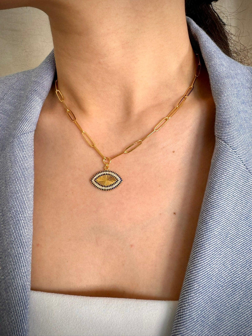 Niligem Evil Eye Paper Clip Necklace In Gold Vermeil - Nili Gem