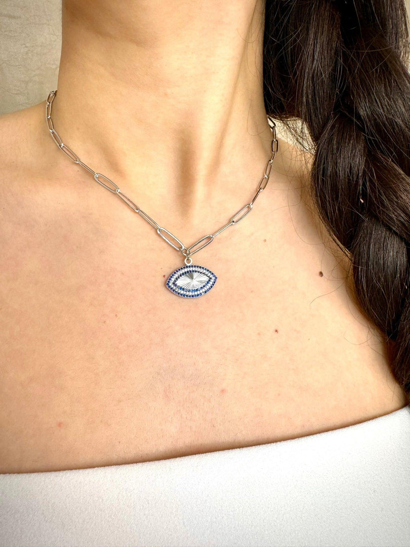 Niligem Evil Eye Paper Clip Necklace In Sterling Silver - Nili Gem