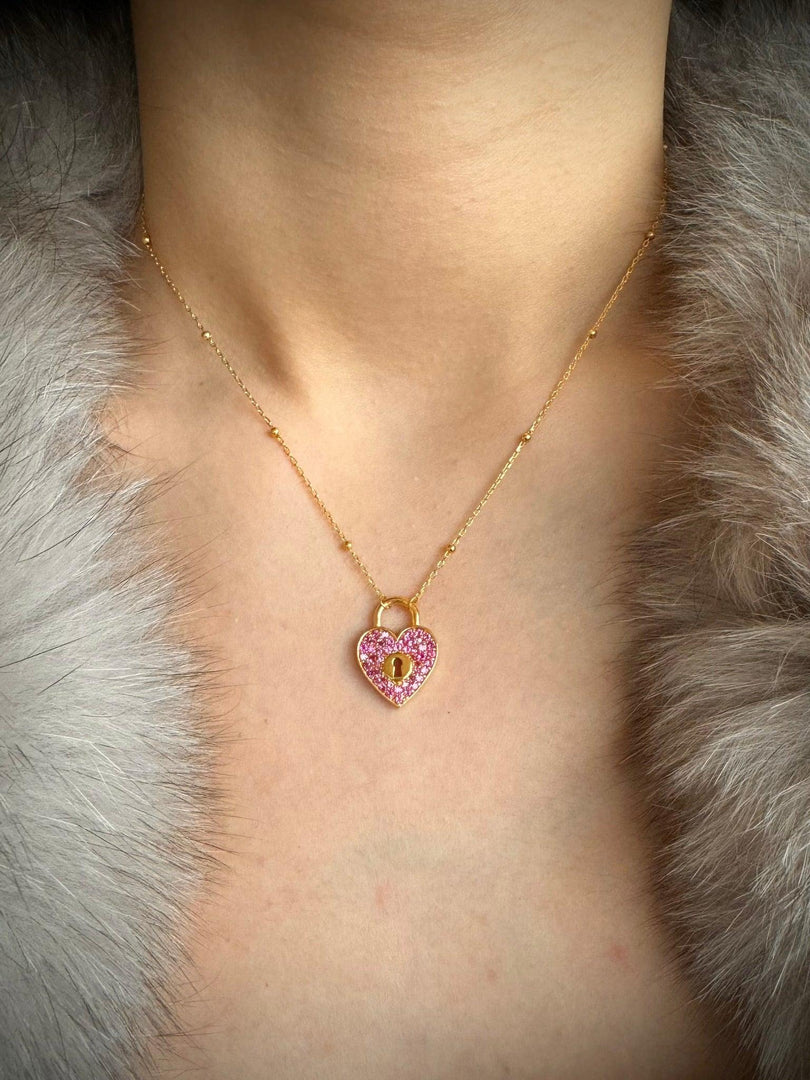 Pink Heart Lock Necklace In Gold Vermeil - Nili Gem