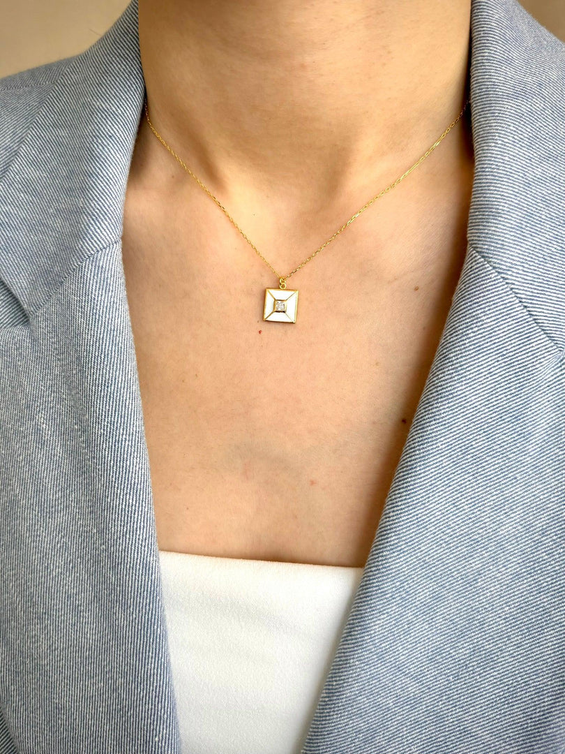 Square Handmade Enameled Pendant & Chain In Gold Vermeil - Nili Gem